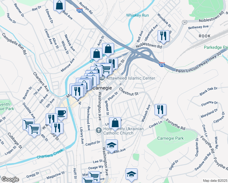 map of restaurants, bars, coffee shops, grocery stores, and more near 400 Lydia Street in Carnegie