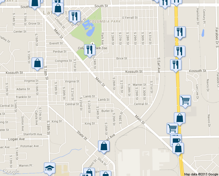 map of restaurants, bars, coffee shops, grocery stores, and more near 2508 Main Street in Lafayette