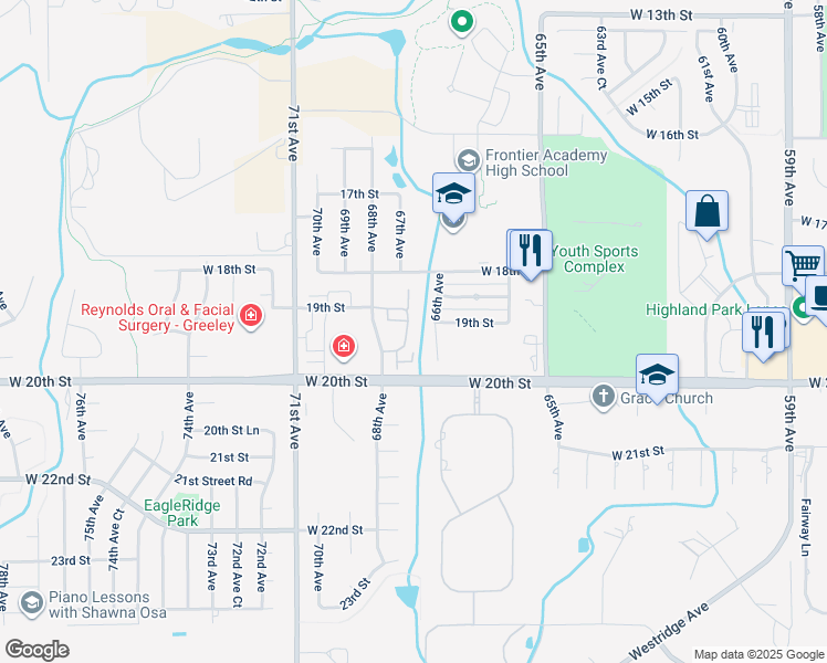 map of restaurants, bars, coffee shops, grocery stores, and more near 1906 68th Avenue in Greeley