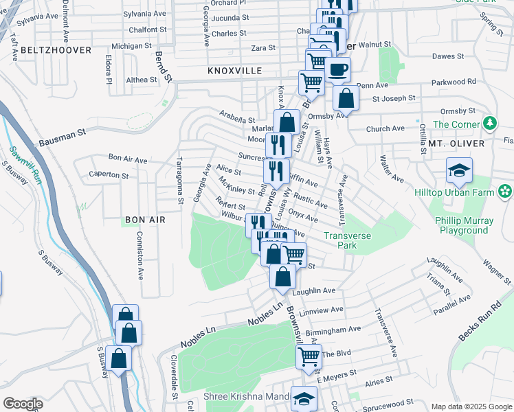 map of restaurants, bars, coffee shops, grocery stores, and more near in Pittsburgh