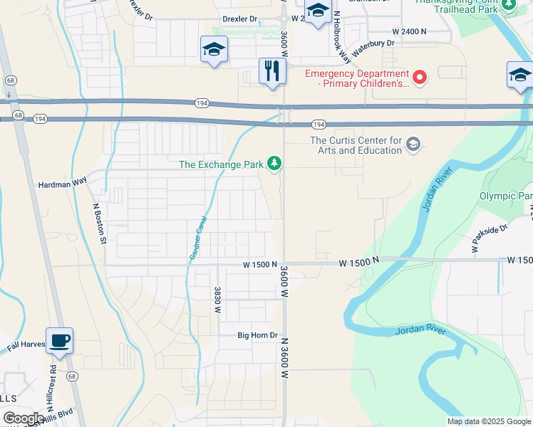 map of restaurants, bars, coffee shops, grocery stores, and more near 1717 North Exchange Park Road in Lehi