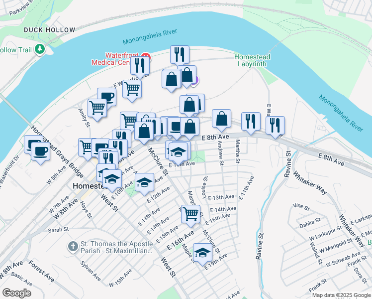 map of restaurants, bars, coffee shops, grocery stores, and more near 543 East 9th Avenue in Munhall