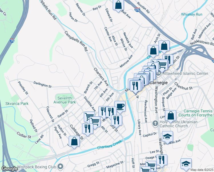 map of restaurants, bars, coffee shops, grocery stores, and more near 100 6th Avenue in Carnegie