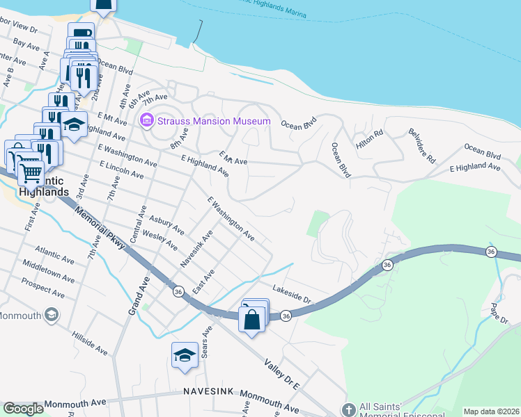 map of restaurants, bars, coffee shops, grocery stores, and more near 3 Victorian Woods Drive in Atlantic Highlands