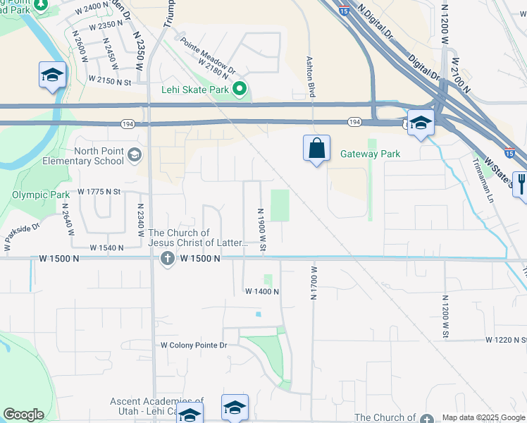 map of restaurants, bars, coffee shops, grocery stores, and more near 1648 North 1900 West in Lehi