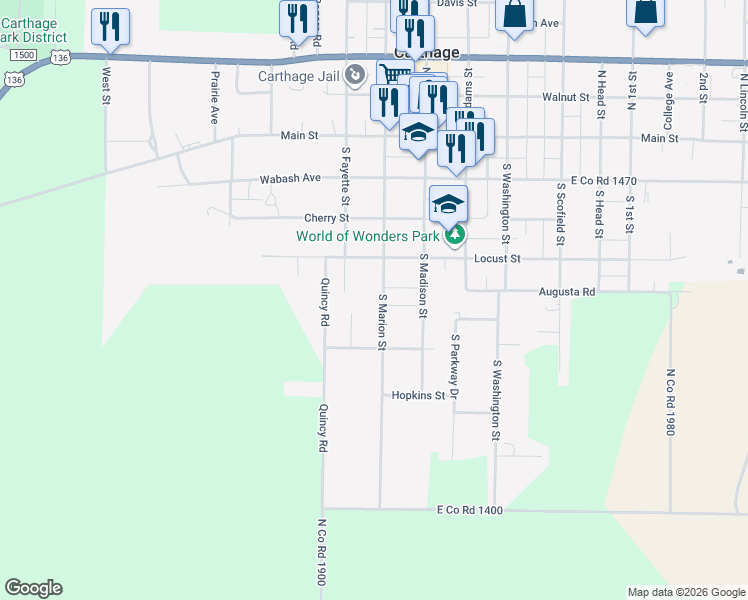map of restaurants, bars, coffee shops, grocery stores, and more near 370 South Marion Street in Carthage