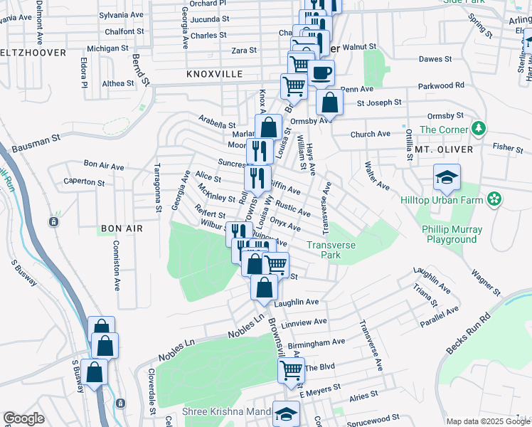 map of restaurants, bars, coffee shops, grocery stores, and more near 101 Onyx Avenue in Pittsburgh