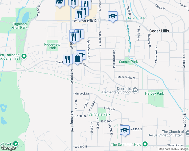 map of restaurants, bars, coffee shops, grocery stores, and more near 4640 Ferguson Way in Cedar Hills