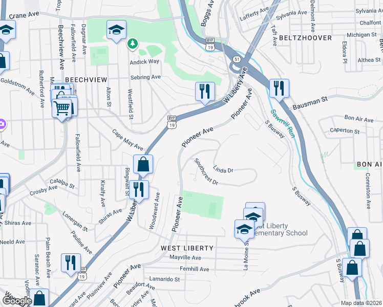 map of restaurants, bars, coffee shops, grocery stores, and more near 1649 Pioneer Avenue in Pittsburgh