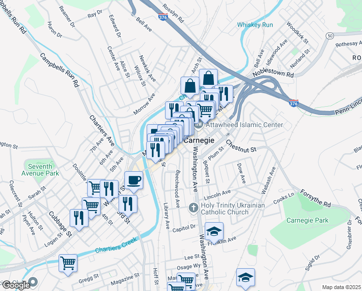 map of restaurants, bars, coffee shops, grocery stores, and more near 214 East Main Street in Carnegie