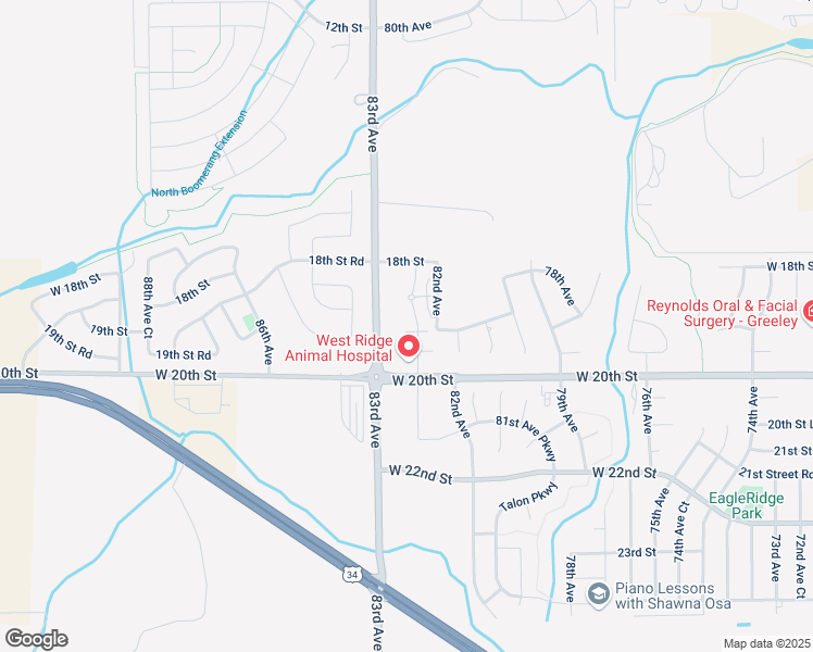 map of restaurants, bars, coffee shops, grocery stores, and more near 8223 West 20th Street in Greeley