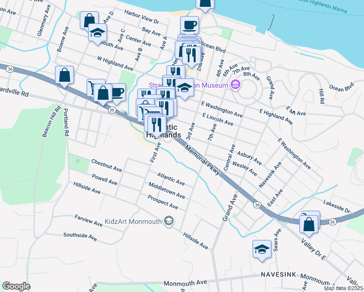 map of restaurants, bars, coffee shops, grocery stores, and more near 25 New Jersey 36 in Atlantic Highlands