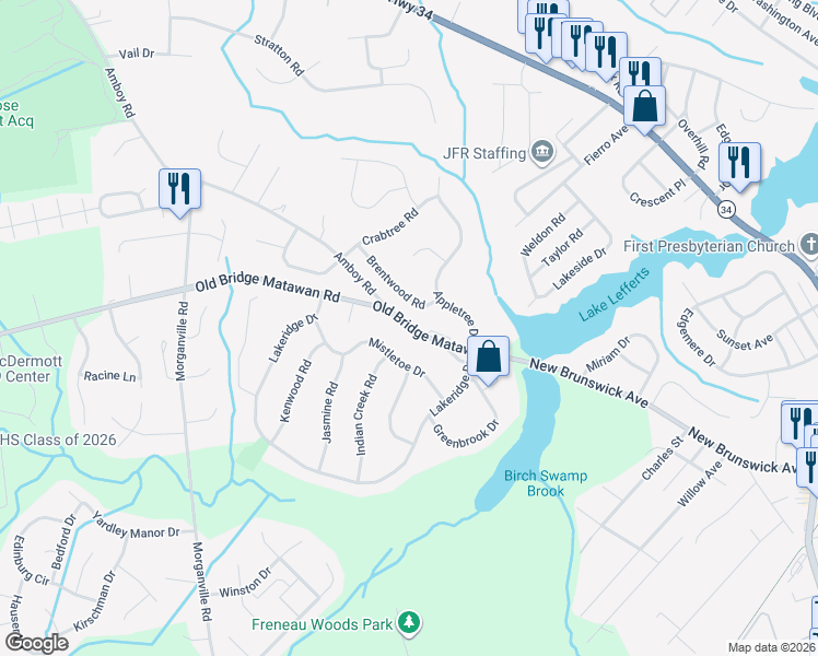 map of restaurants, bars, coffee shops, grocery stores, and more near 4375 Old Bridge Matawan Road in Matawan