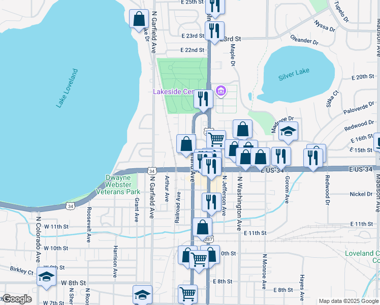 map of restaurants, bars, coffee shops, grocery stores, and more near 125 East 15th Street in Loveland