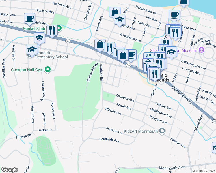 map of restaurants, bars, coffee shops, grocery stores, and more near 123 Oakland Ave in Atlantic Highlands