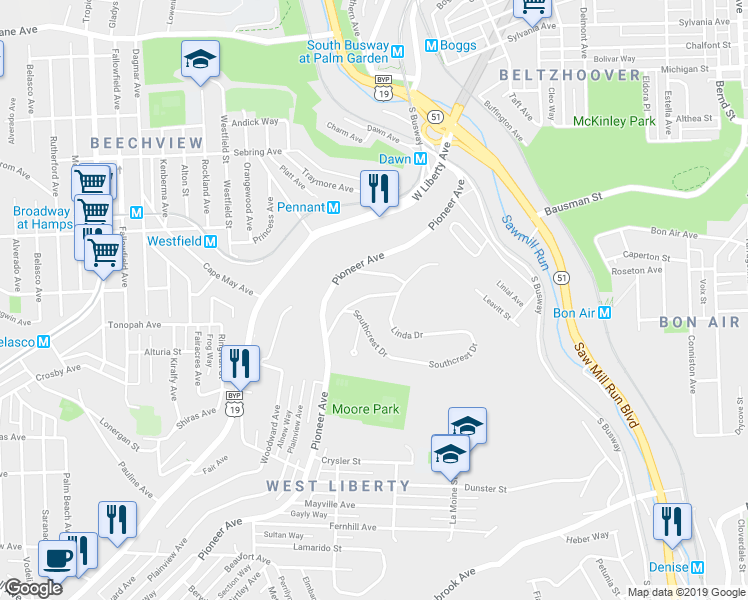 map of restaurants, bars, coffee shops, grocery stores, and more near 630 Larose Street in Pittsburgh