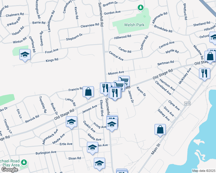 map of restaurants, bars, coffee shops, grocery stores, and more near 374 Summerhill Road in East Brunswick