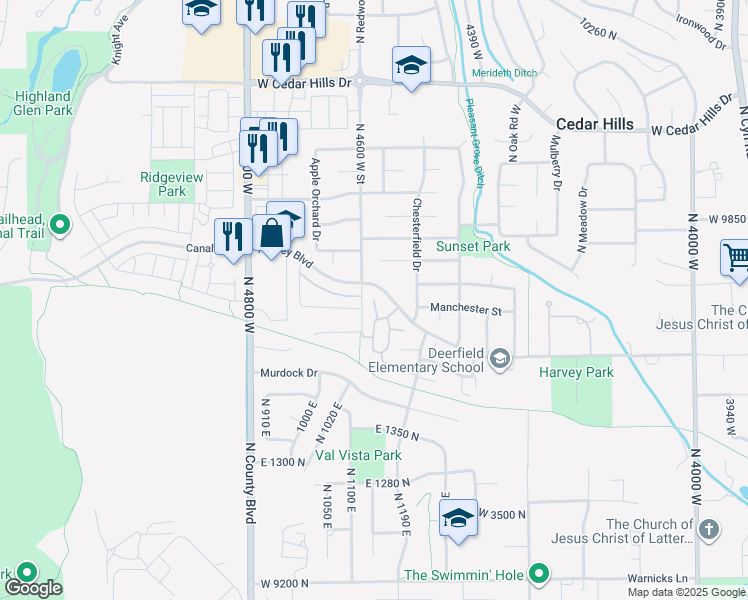 map of restaurants, bars, coffee shops, grocery stores, and more near 13353 Peach Court in Cedar Hills