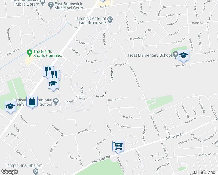 map of restaurants, bars, coffee shops, grocery stores, and more near 272 Palombi Court in East Brunswick