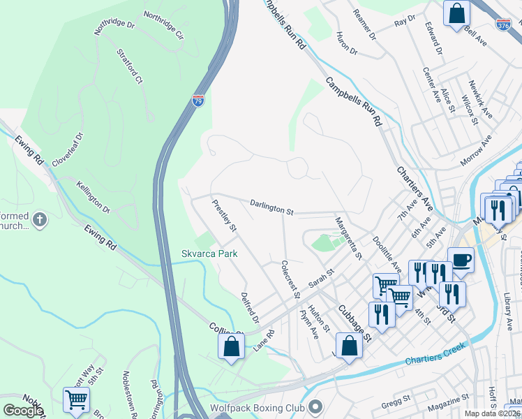 map of restaurants, bars, coffee shops, grocery stores, and more near 779 Darlington Street in Carnegie