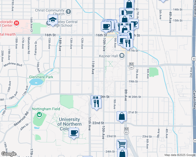 map of restaurants, bars, coffee shops, grocery stores, and more near 1017 19th Street in Greeley