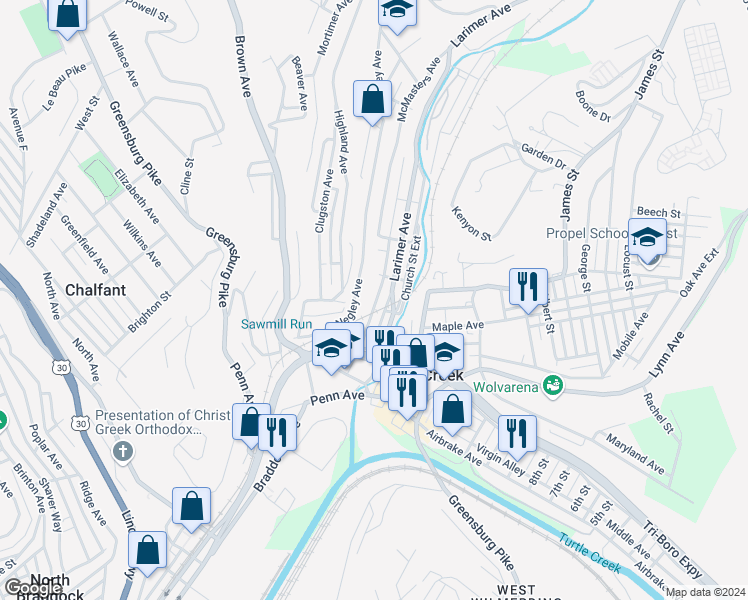 map of restaurants, bars, coffee shops, grocery stores, and more near 356 Stewart Street in Turtle Creek