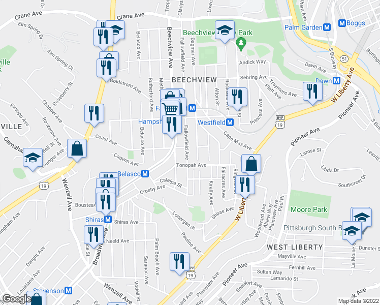 map of restaurants, bars, coffee shops, grocery stores, and more near 1709 Fallowfield Ave in Pittsburgh