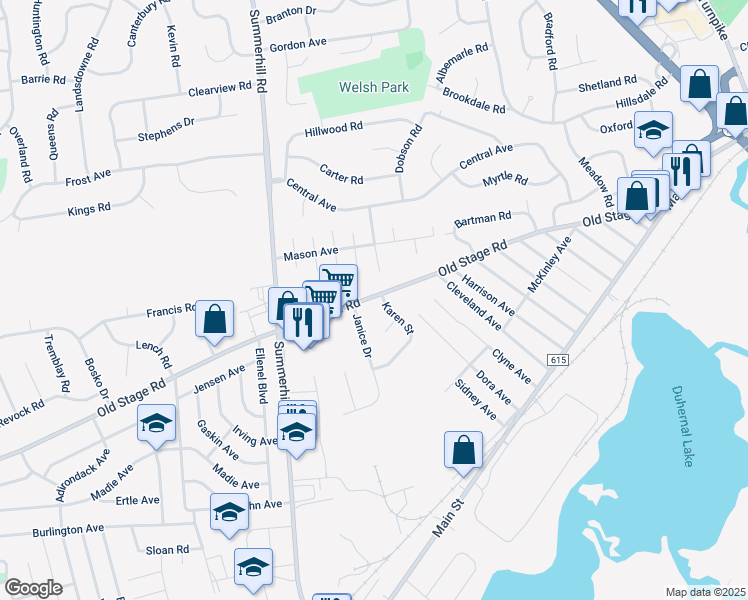 map of restaurants, bars, coffee shops, grocery stores, and more near 43 Stage Road in Spotswood