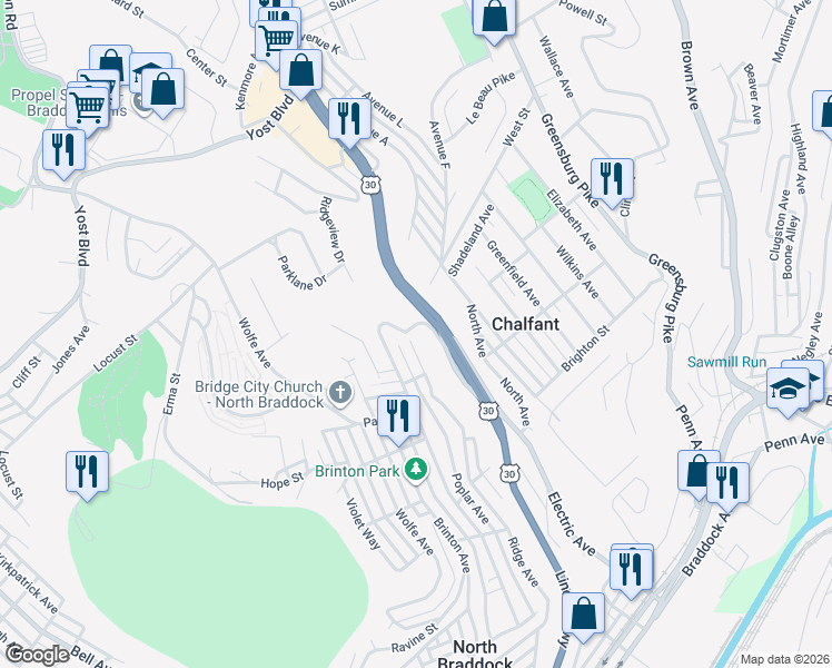 map of restaurants, bars, coffee shops, grocery stores, and more near 1171 1/2 Ridge Avenue in Braddock
