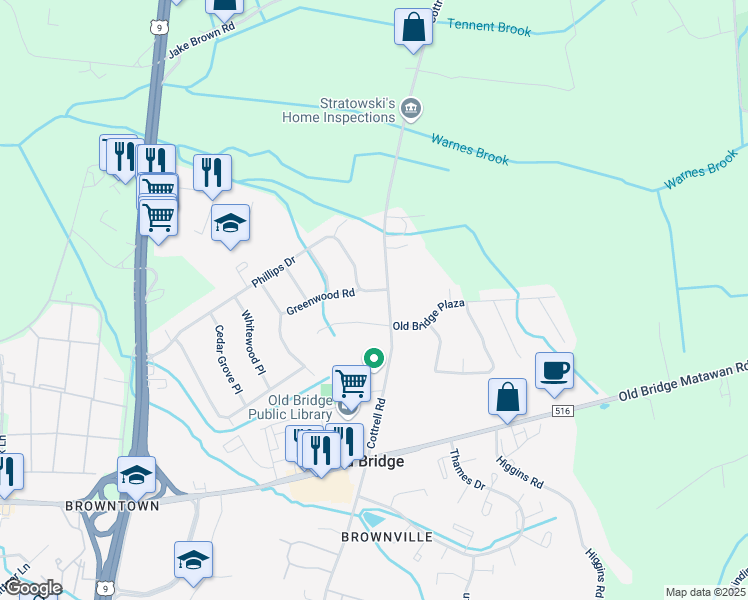 map of restaurants, bars, coffee shops, grocery stores, and more near 269 Cottrell Road in Matawan