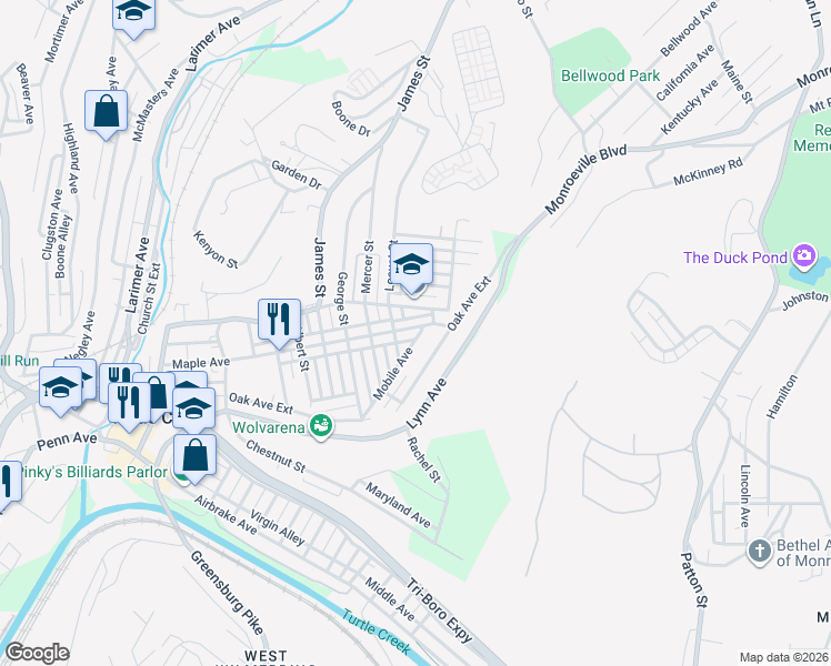 map of restaurants, bars, coffee shops, grocery stores, and more near 1612 Maple Avenue in Turtle Creek