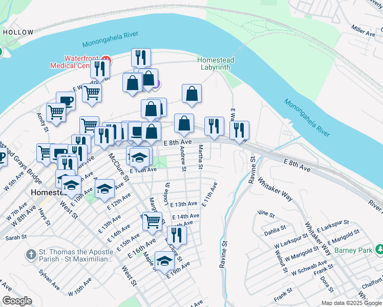 map of restaurants, bars, coffee shops, grocery stores, and more near 711 East 9th Avenue in Munhall