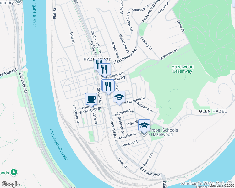 map of restaurants, bars, coffee shops, grocery stores, and more near 130 Tecumseh Street in Pittsburgh