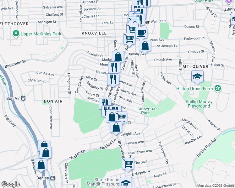 map of restaurants, bars, coffee shops, grocery stores, and more near 101 Onyx Avenue in Pittsburgh