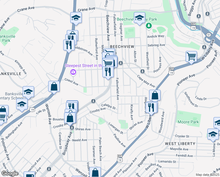 map of restaurants, bars, coffee shops, grocery stores, and more near 1700 Broadway Avenue in Pittsburgh