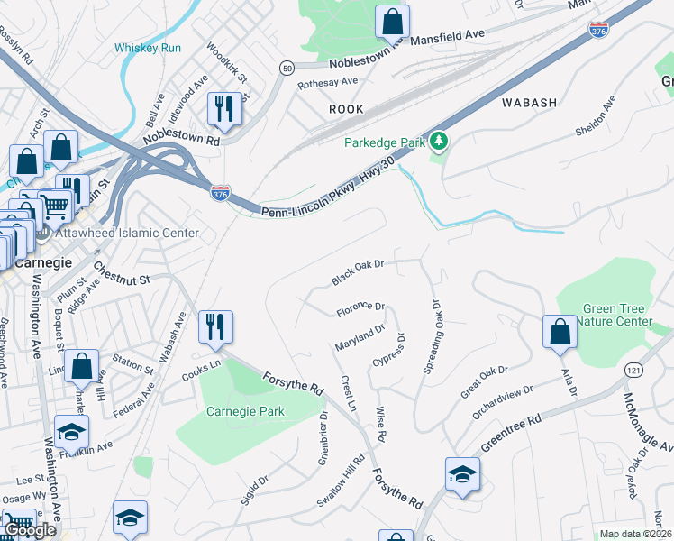 map of restaurants, bars, coffee shops, grocery stores, and more near 166 Woodridge Drive in Carnegie