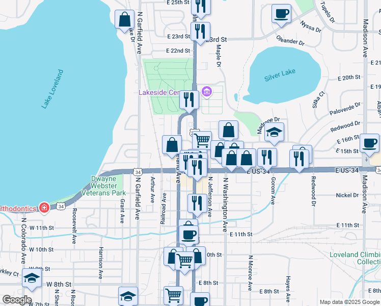 map of restaurants, bars, coffee shops, grocery stores, and more near 1505 North Lincoln Avenue in Loveland