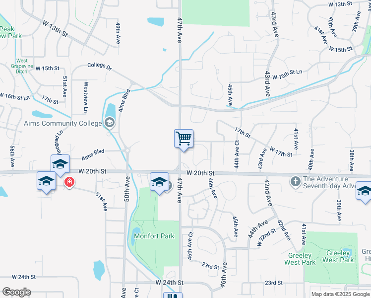 map of restaurants, bars, coffee shops, grocery stores, and more near 4689 West 20th Street in Greeley