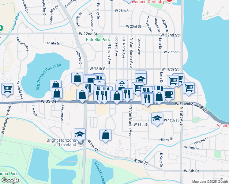 map of restaurants, bars, coffee shops, grocery stores, and more near 1503 Dotsero Avenue in Loveland