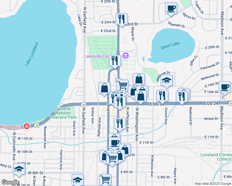 map of restaurants, bars, coffee shops, grocery stores, and more near 1505 North Lincoln Avenue in Loveland