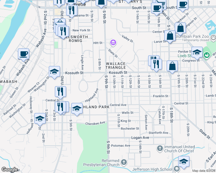 map of restaurants, bars, coffee shops, grocery stores, and more near 805 South 9th Street in Lafayette