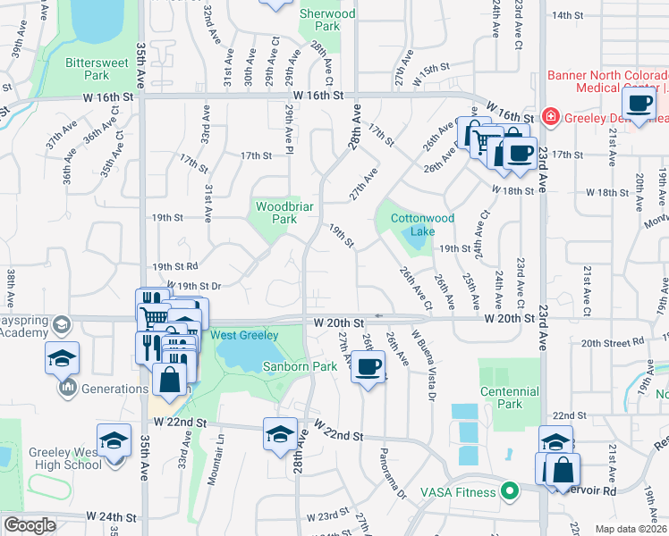 map of restaurants, bars, coffee shops, grocery stores, and more near 2701 West 19th Street Road in Greeley