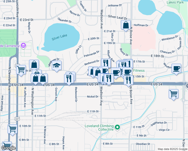 map of restaurants, bars, coffee shops, grocery stores, and more near 1118 East 15th Street in Loveland