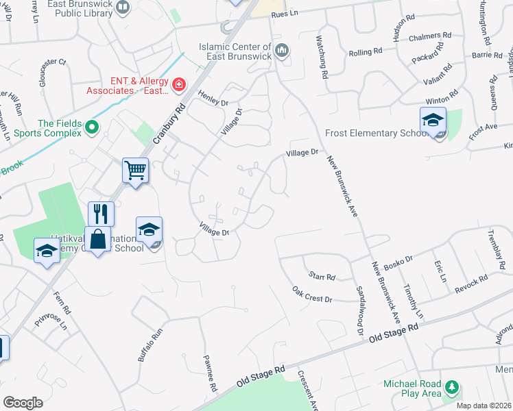map of restaurants, bars, coffee shops, grocery stores, and more near 301 Palombi Court in East Brunswick