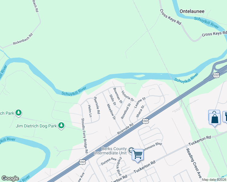 map of restaurants, bars, coffee shops, grocery stores, and more near 1018 Bowman Street in Reading