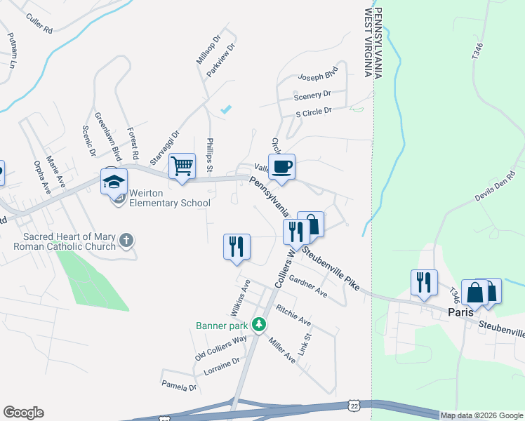 map of restaurants, bars, coffee shops, grocery stores, and more near 115 Denese Dr in Weirton