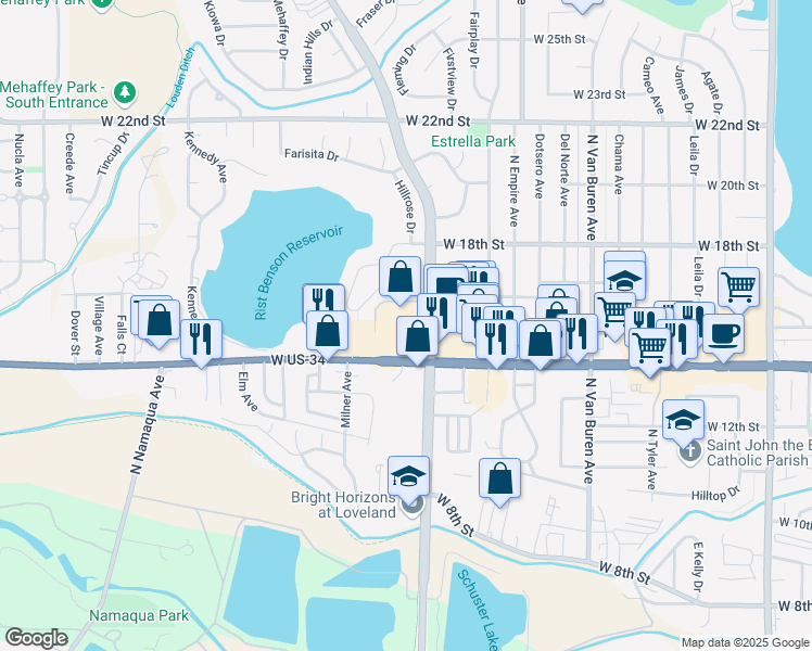 map of restaurants, bars, coffee shops, grocery stores, and more near 2665 West Eisenhower Boulevard in Loveland
