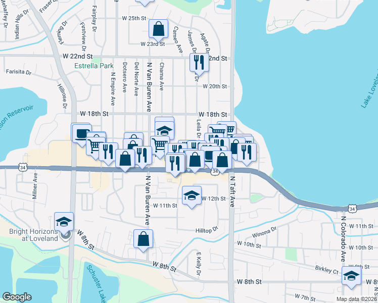 map of restaurants, bars, coffee shops, grocery stores, and more near 1611 West 15th Street in Loveland