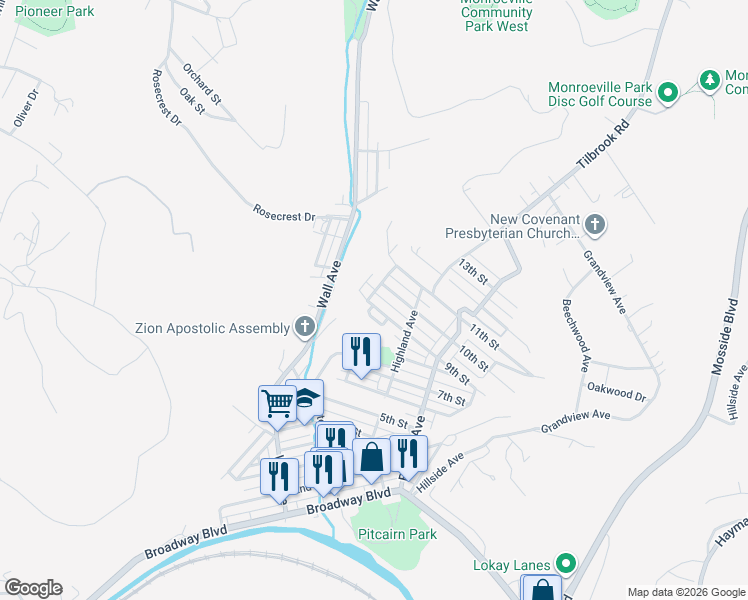 map of restaurants, bars, coffee shops, grocery stores, and more near 500 9th Street in Pitcairn