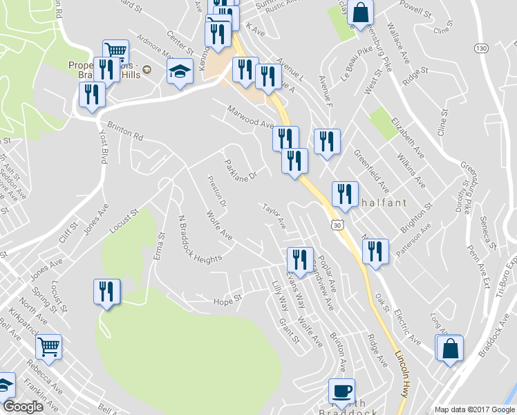 map of restaurants, bars, coffee shops, grocery stores, and more near 1012 Grandview Avenue in Braddock